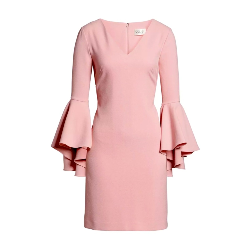 Eliza J Bell Sleeve Crepe Shift Dress Sz 14 Blush Pink Midi Length V Neck - Picture 2 of 14